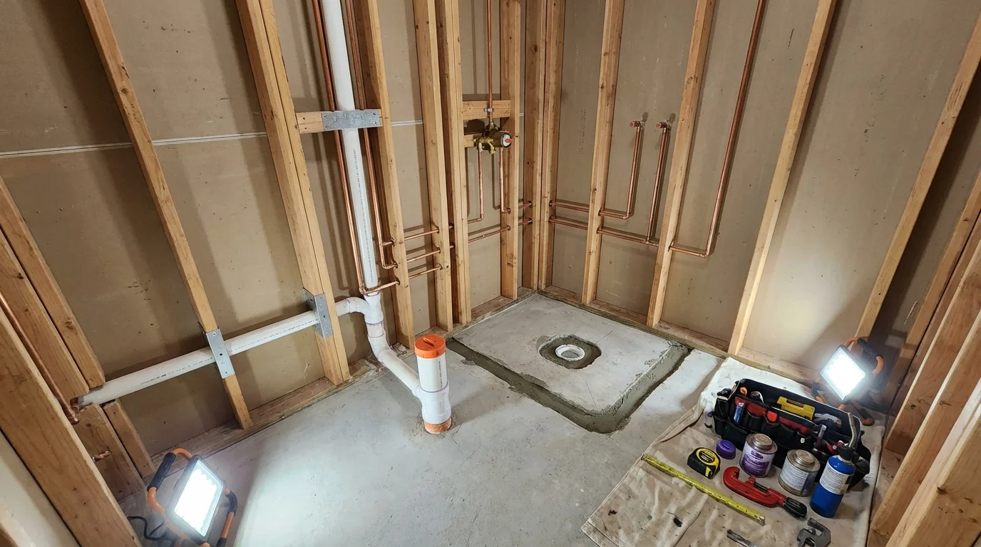 Bathroom rough-in plumbing during remodel by Johns Plumbing LLC in Dundee