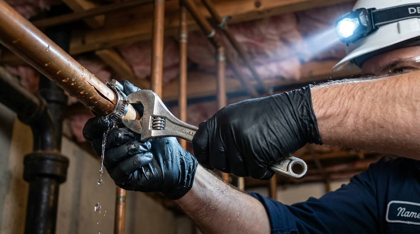 Emergency pipe clamp repair being performed by a Johns Plumbing LLC plumber in Dundee
