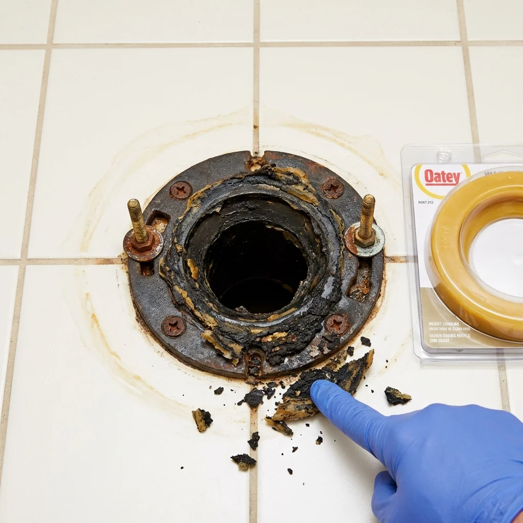 Failed wax ring showing water seepage at the base of a toilet in a Dundee, NY home