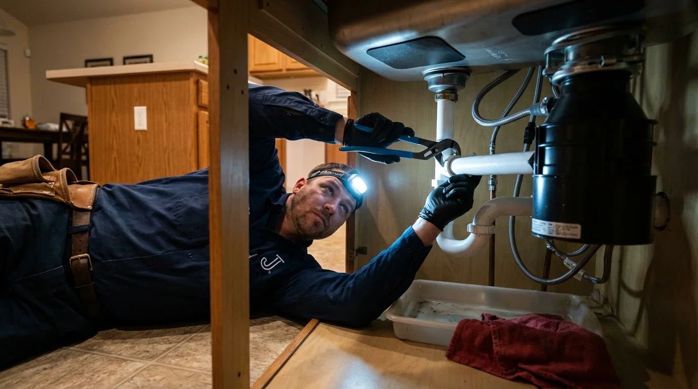 P-trap and supply line connections under a kitchen sink showing a common leak point in Dundee, NY